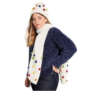 ModCloth Cream Knit Rainbow Pom Pom Sweet Treat Hat and Scarf Set